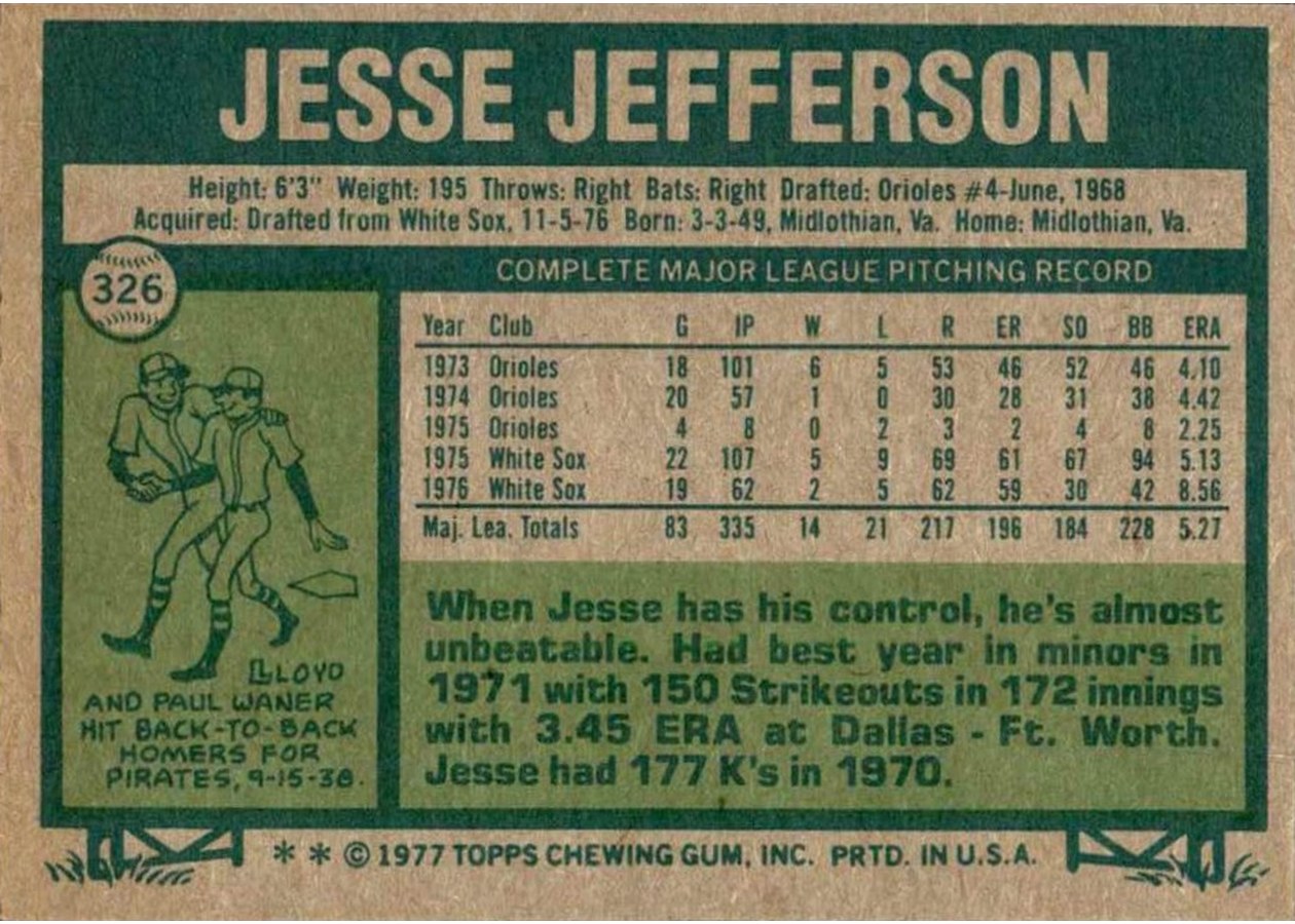 1977 Topps #326 Jesse Jefferson card back