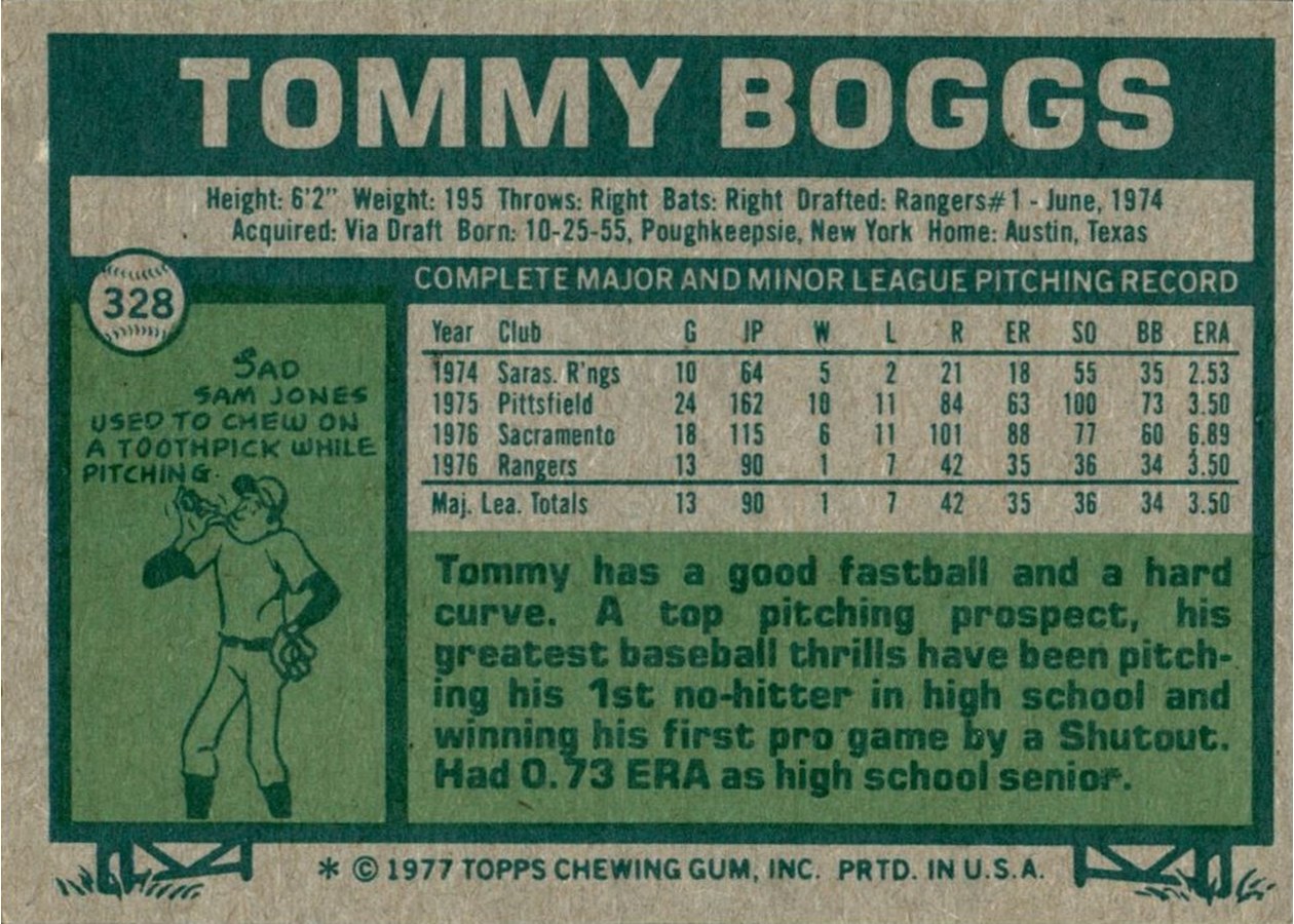 1977 Topps #328 Tommy Boggs card back