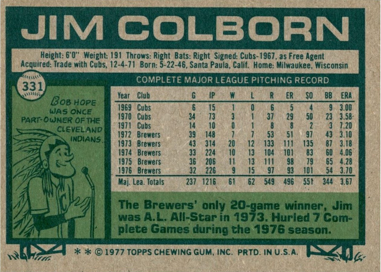 1977 Topps #331 Jim Colborn card back