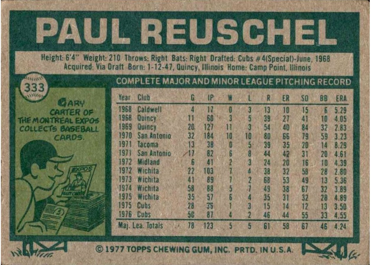 1977 Topps #333 Paul Reuschel card back