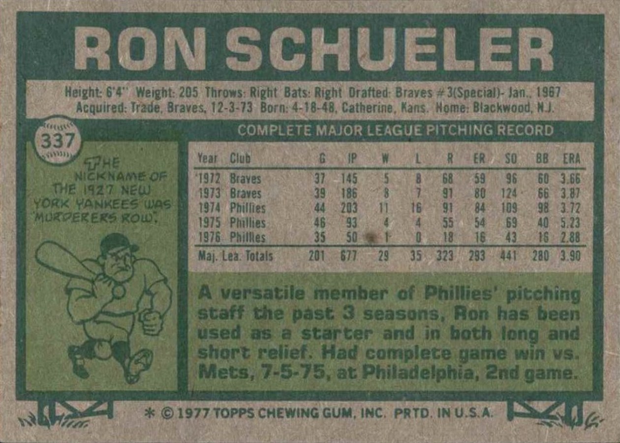 1977 Topps #337 Ron Schueler card back