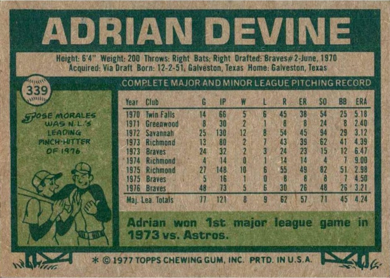 1977 Topps #339 Adrian Devine card back