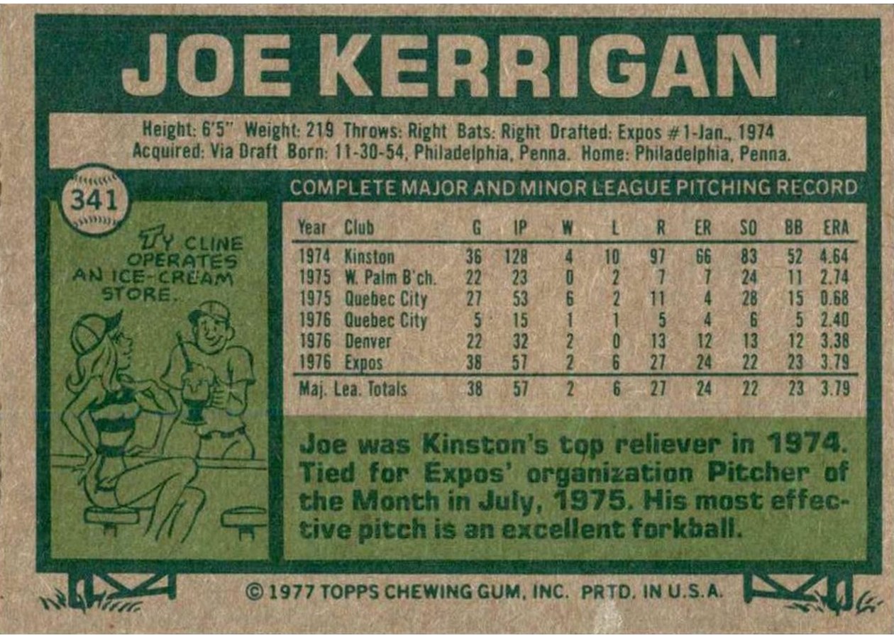 1977 Topps #341 Joe Kerrigan card back