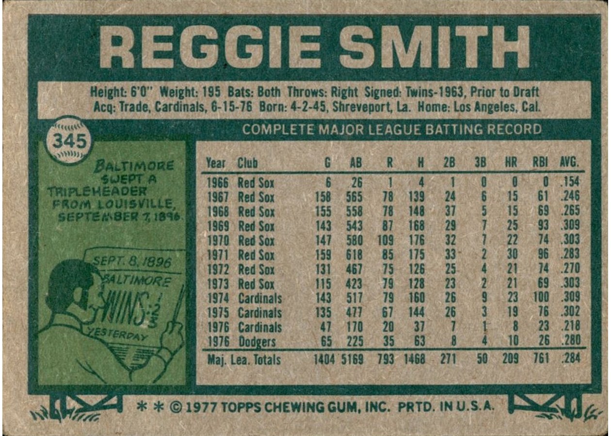 1977 Topps #345 Reggie Smith card back