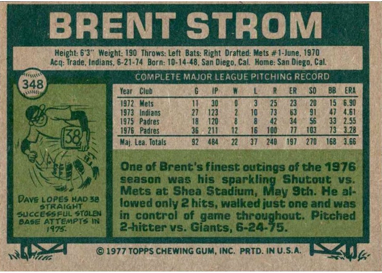 1977 Topps #348 Brent Strom card back