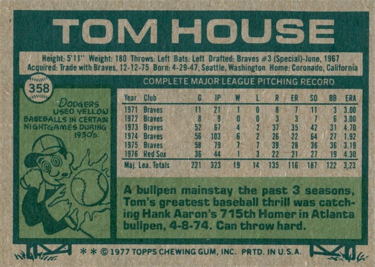 1977 Topps #358 Tom House card back
