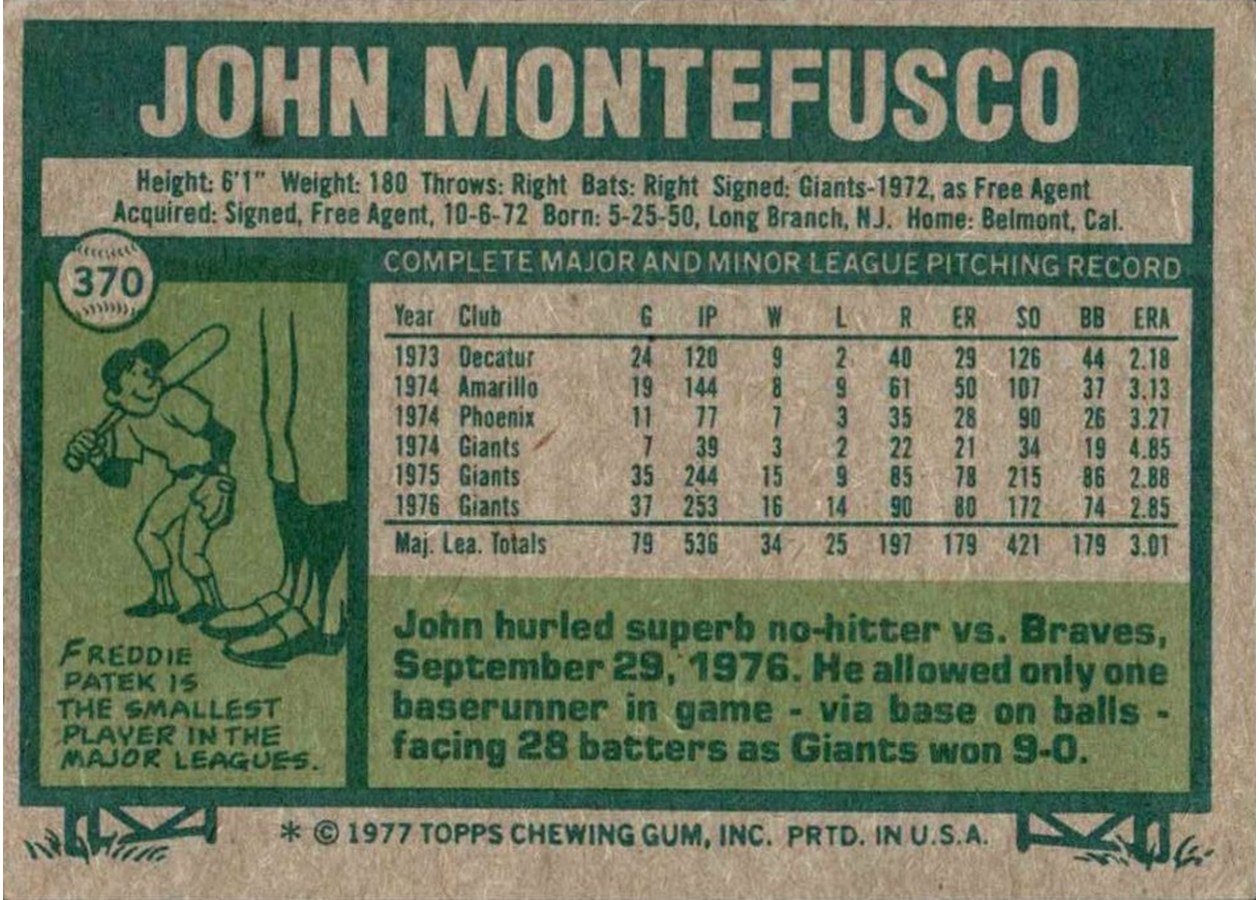 1977 Topps #370 John Montefusco card back