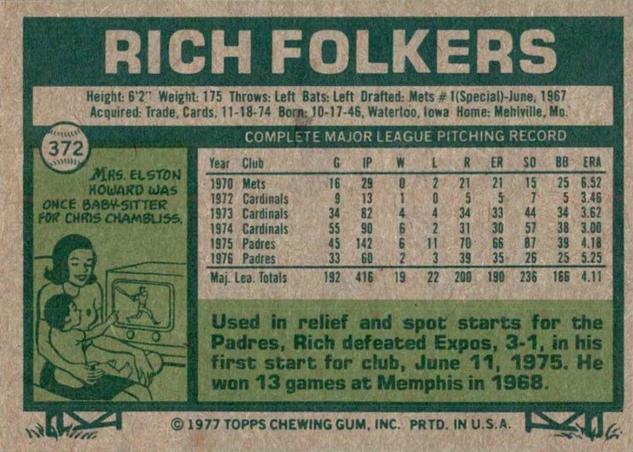 1977 Topps #372 Rich Folkers card back