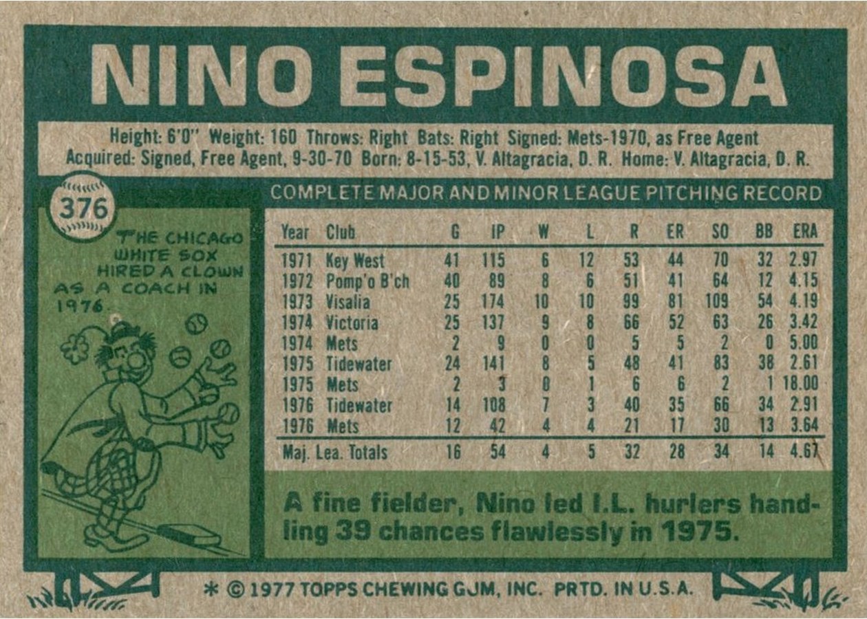 1977 Topps #376 Nino Espinosa card back