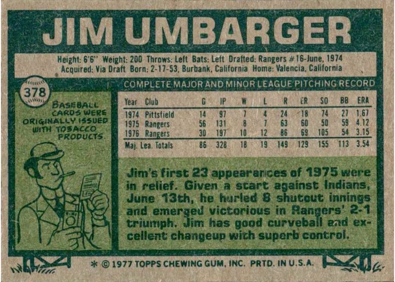 1977 Topps #378 Jim Umbarger card back