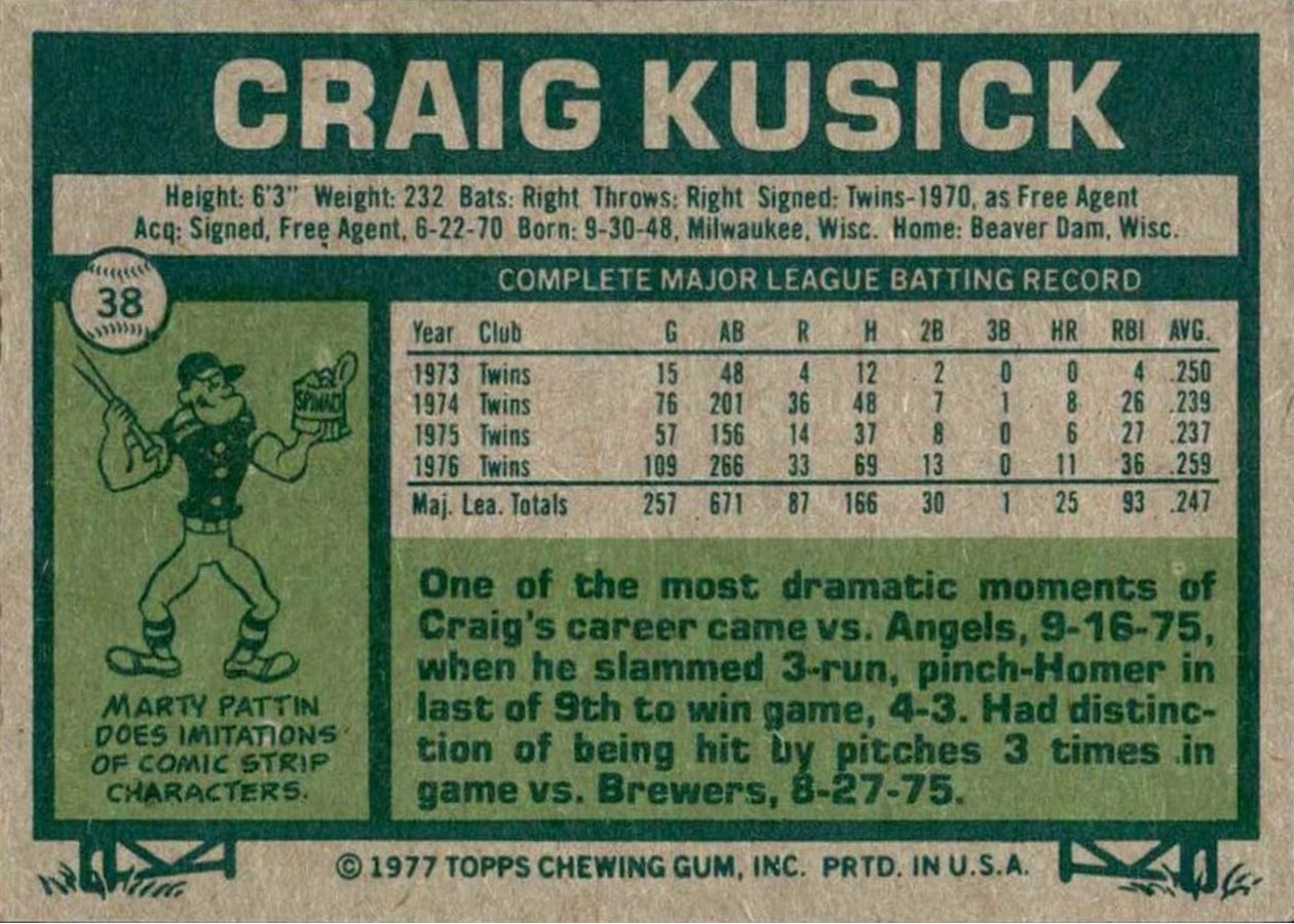 1977 Topps #38 Craig Kusick card back