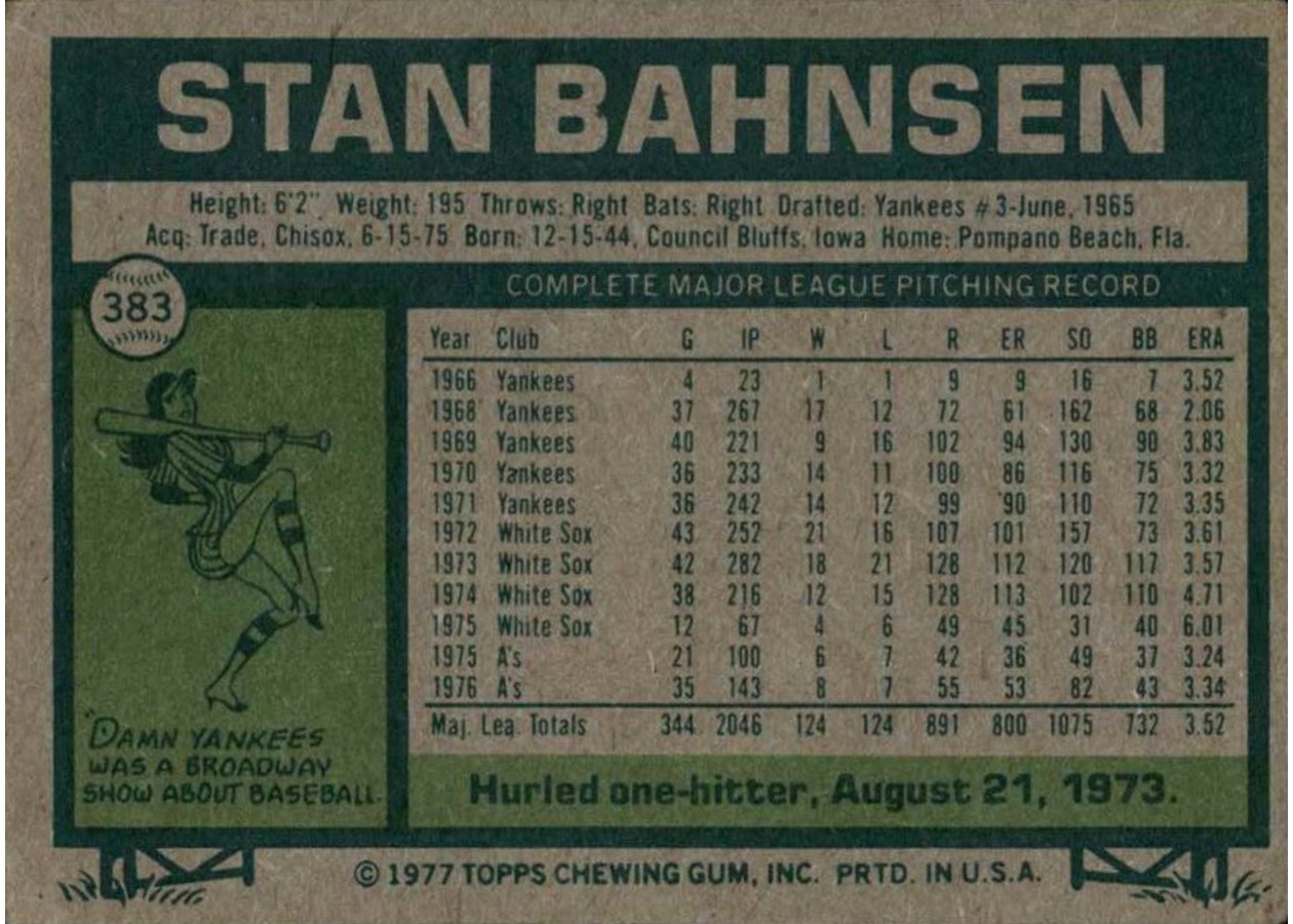1977 Topps #383 Stan Bahnsen card back