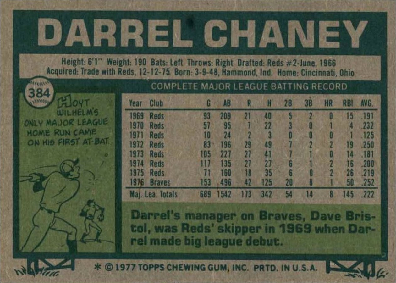 1977 Topps #384 Darrel Chaney card back