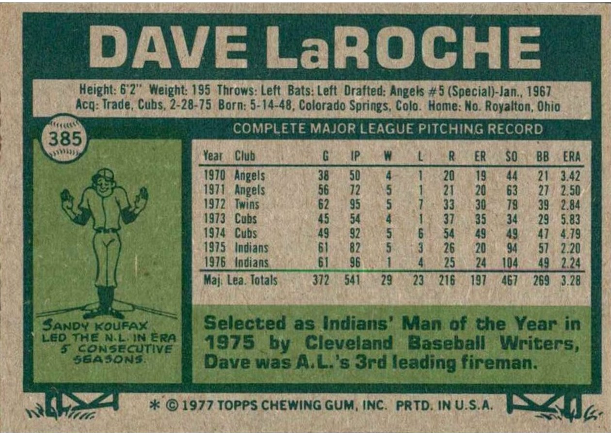 1977 Topps #385 Dave LaRoche card back