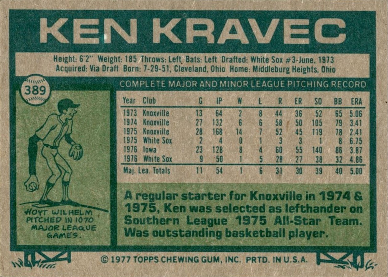 1977 Topps #389 Ken Kravec card back