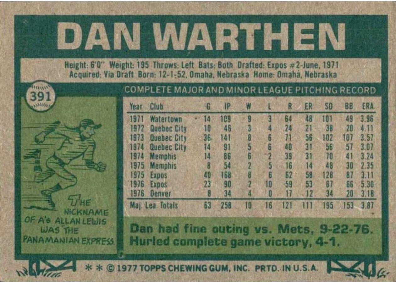 1977 Topps #391 Dan Warthen card back
