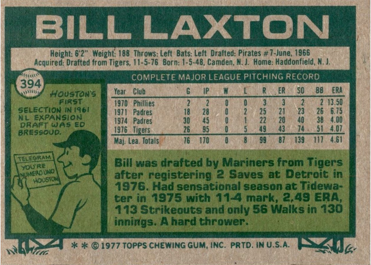 1977 Topps #394 Bill Laxton card back
