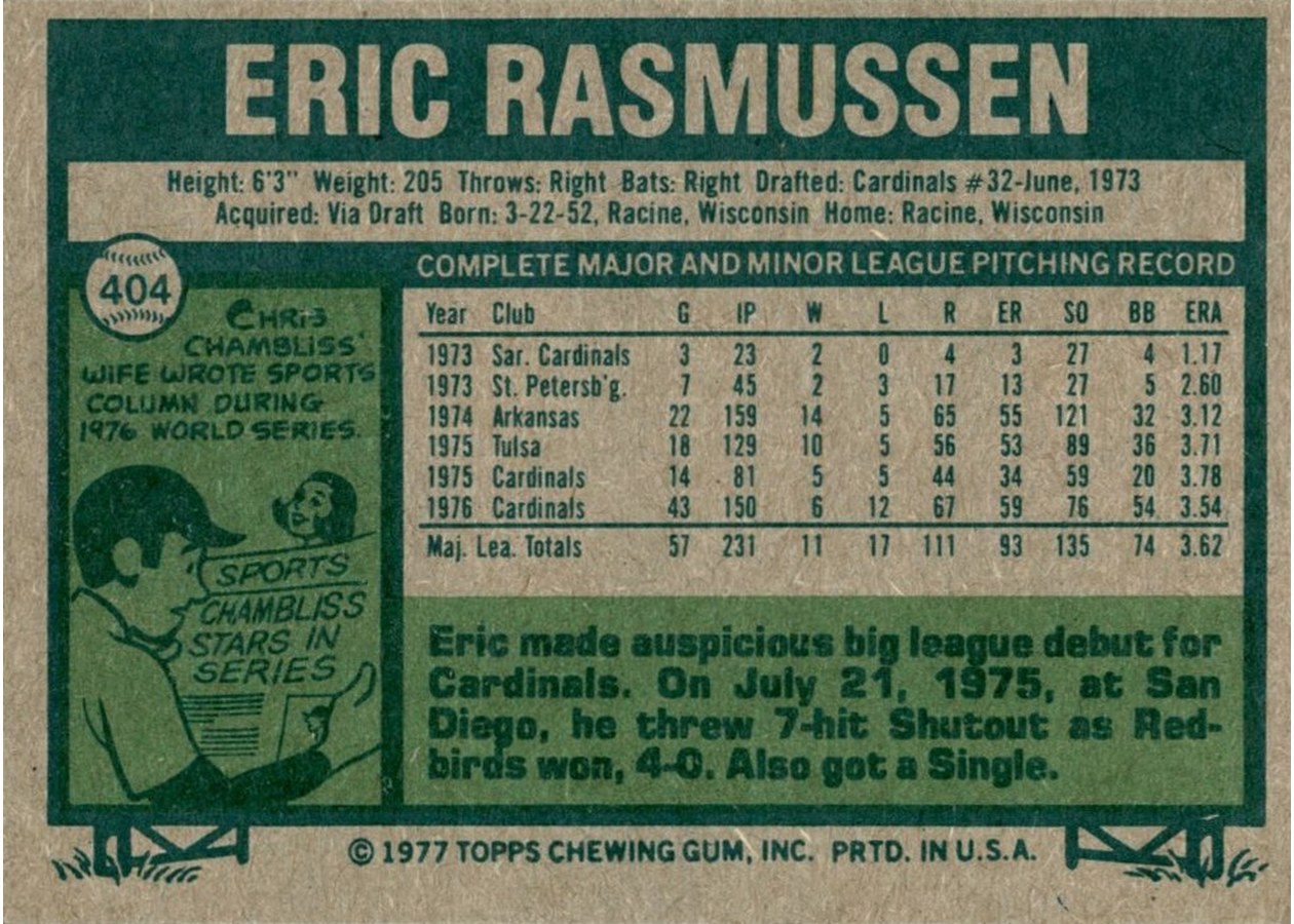 1977 Topps #404 Eric Rasmussen card back