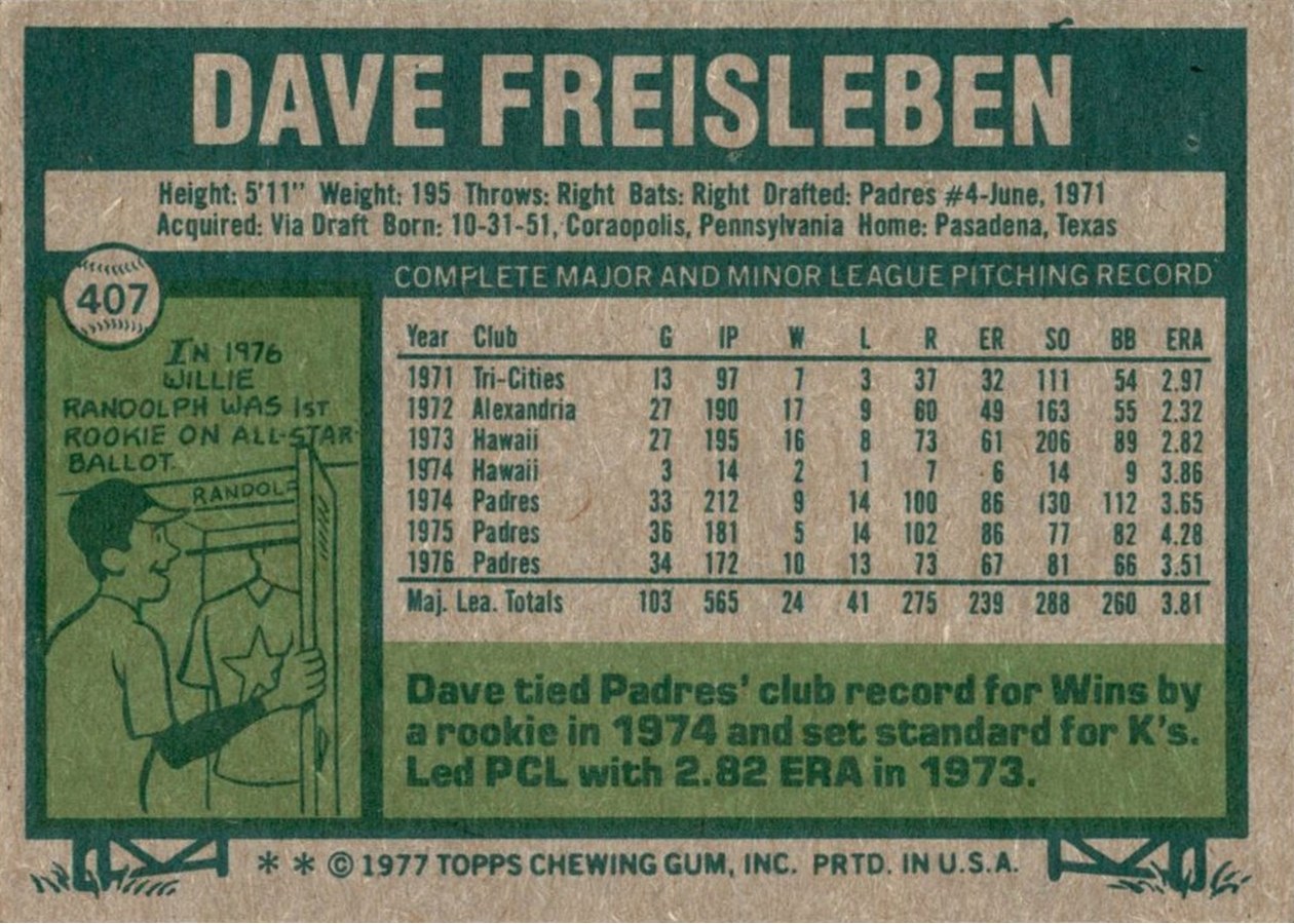 1977 Topps #407 Dave Freisleben card back