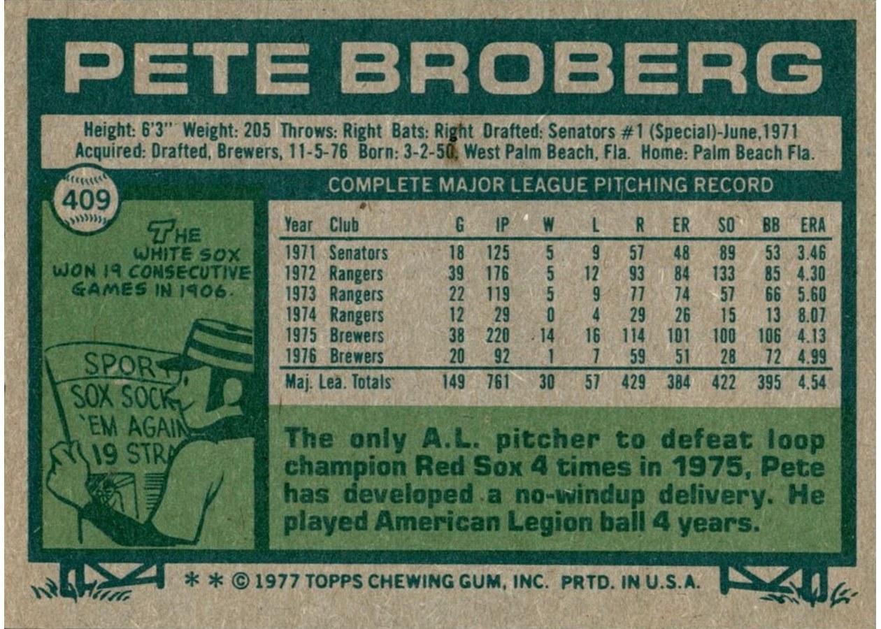 1977 Topps #409 Pete Broberg card back