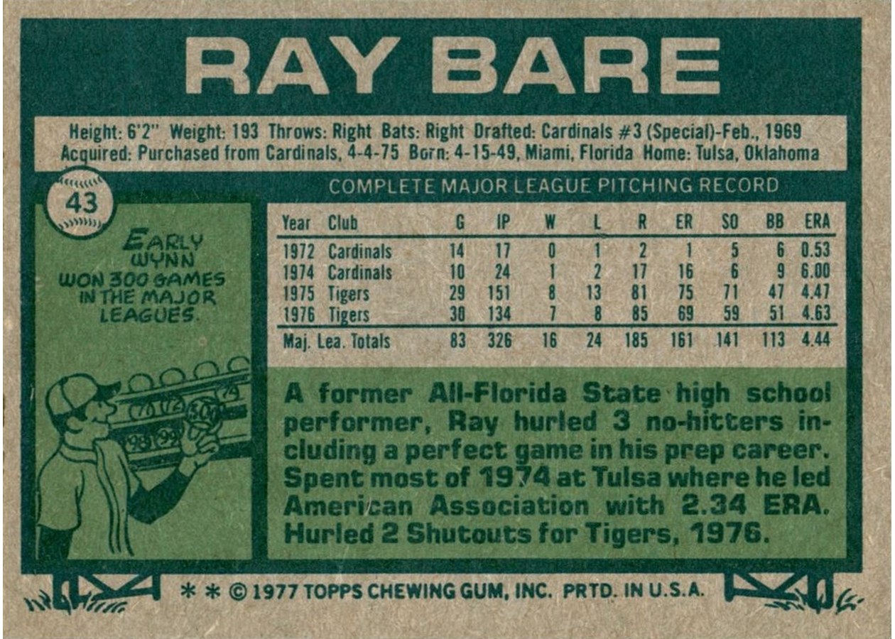 1977 Topps #43 Ray Bare card back