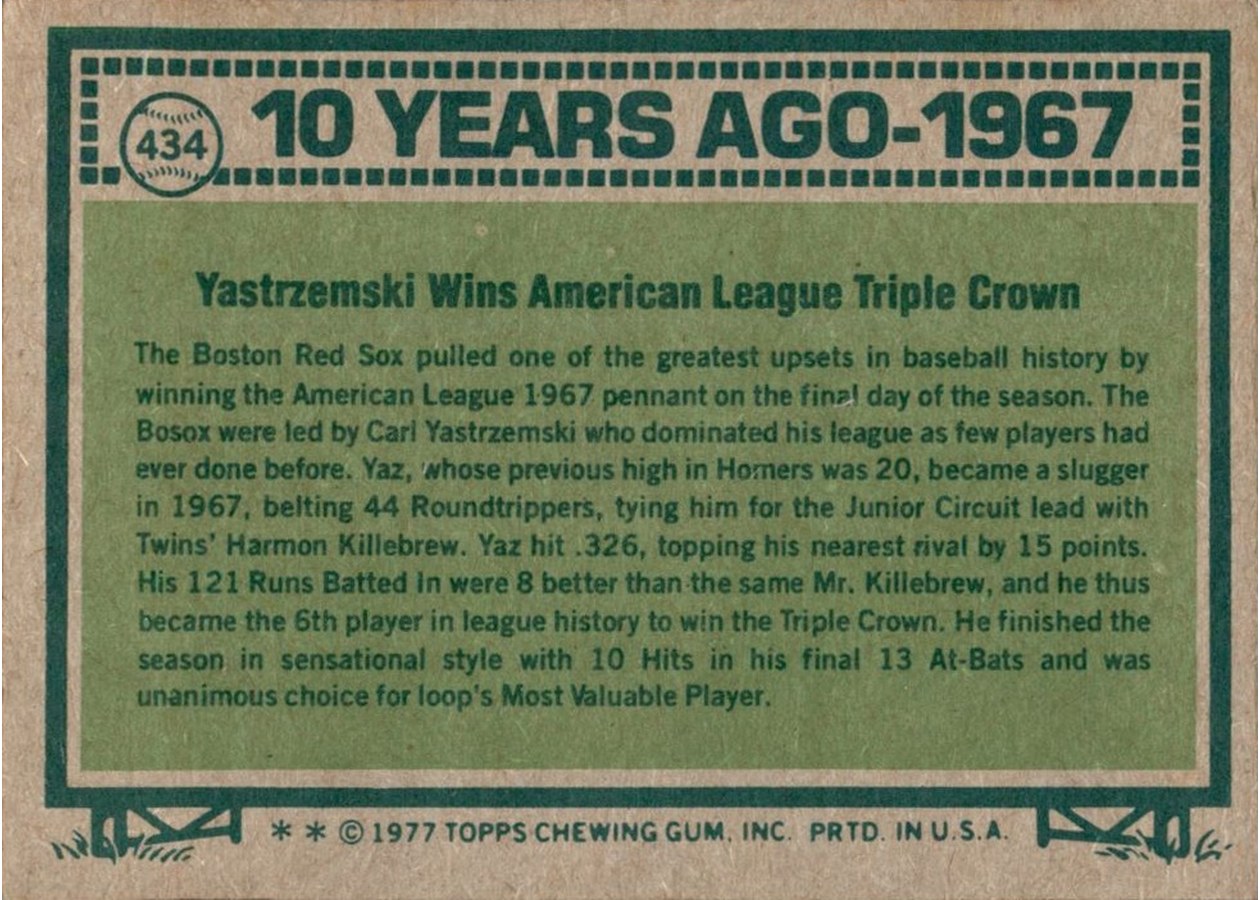 1977 Topps #434 Carl Yastrzemski card back