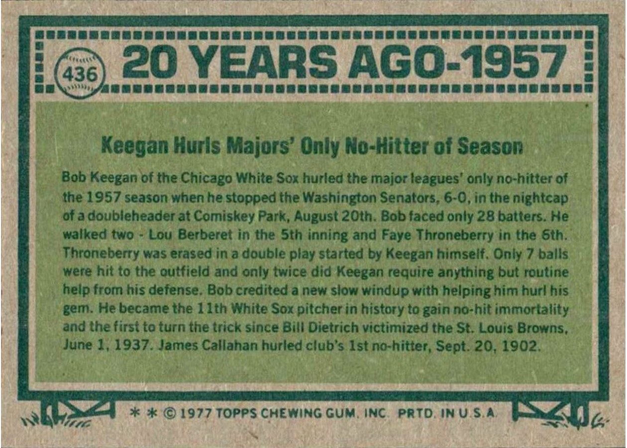 1977 Topps #436 Bob Keegan card back