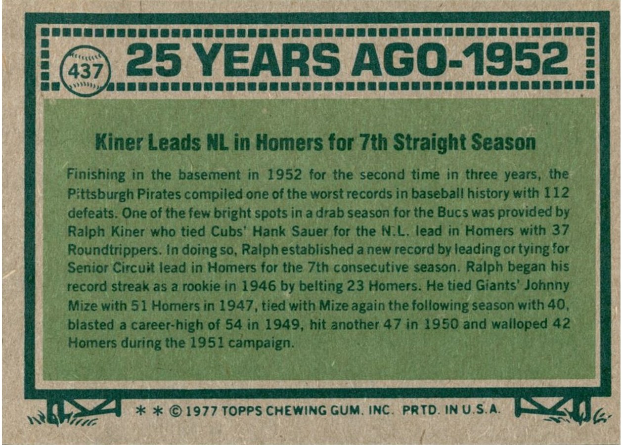 1977 Topps #437 Ralph Kiner card back