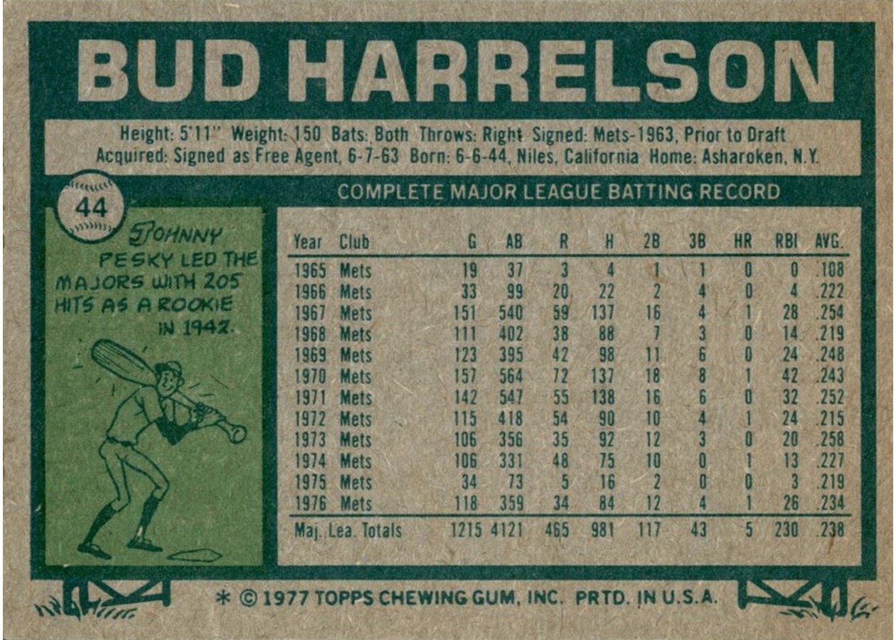 1977 Topps #44 Bud Harrelson card back