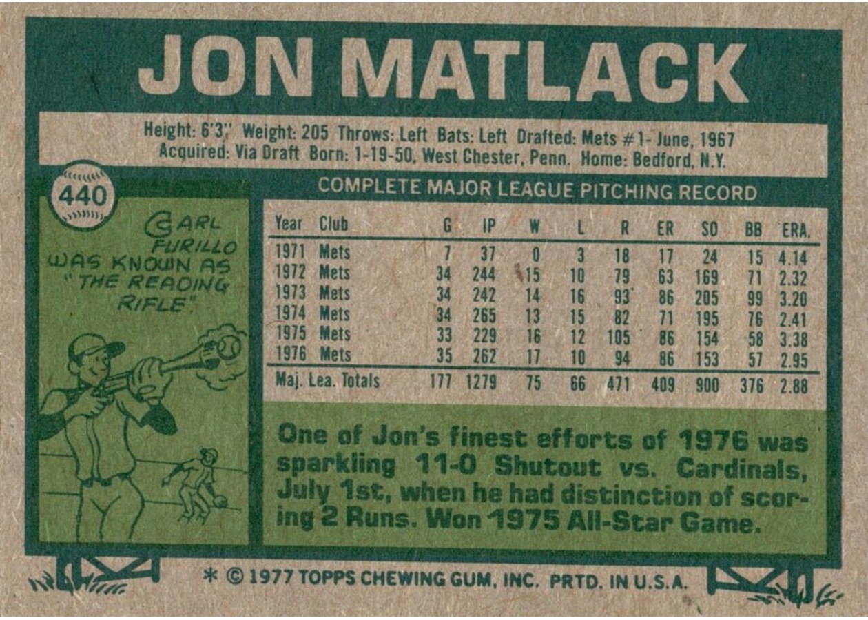 1977 Topps #440 Jon Matlack card back
