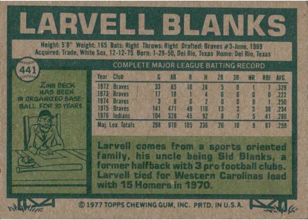 1977 Topps #441 Larvell Blanks card back