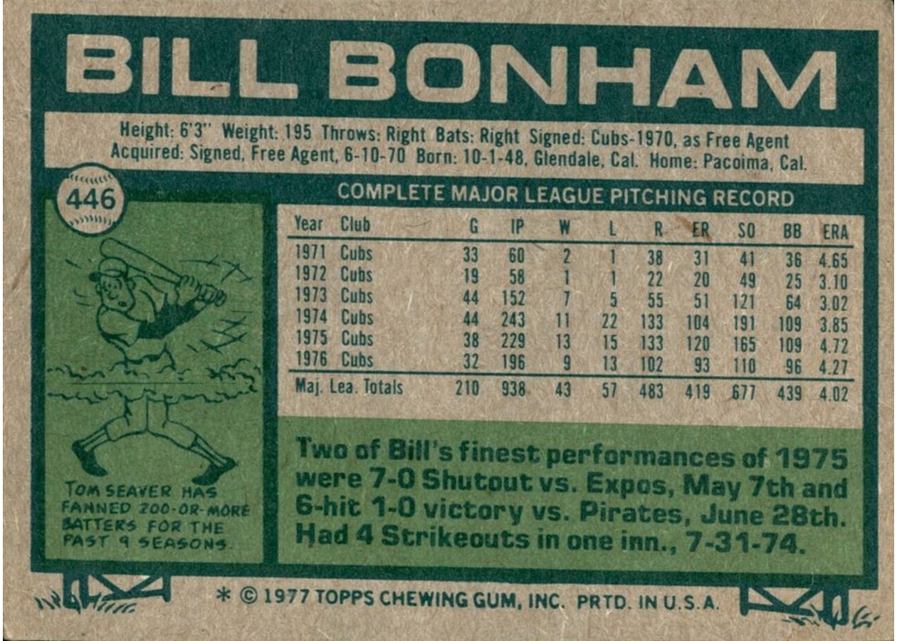 1977 Topps #446 Bill Bonham card back