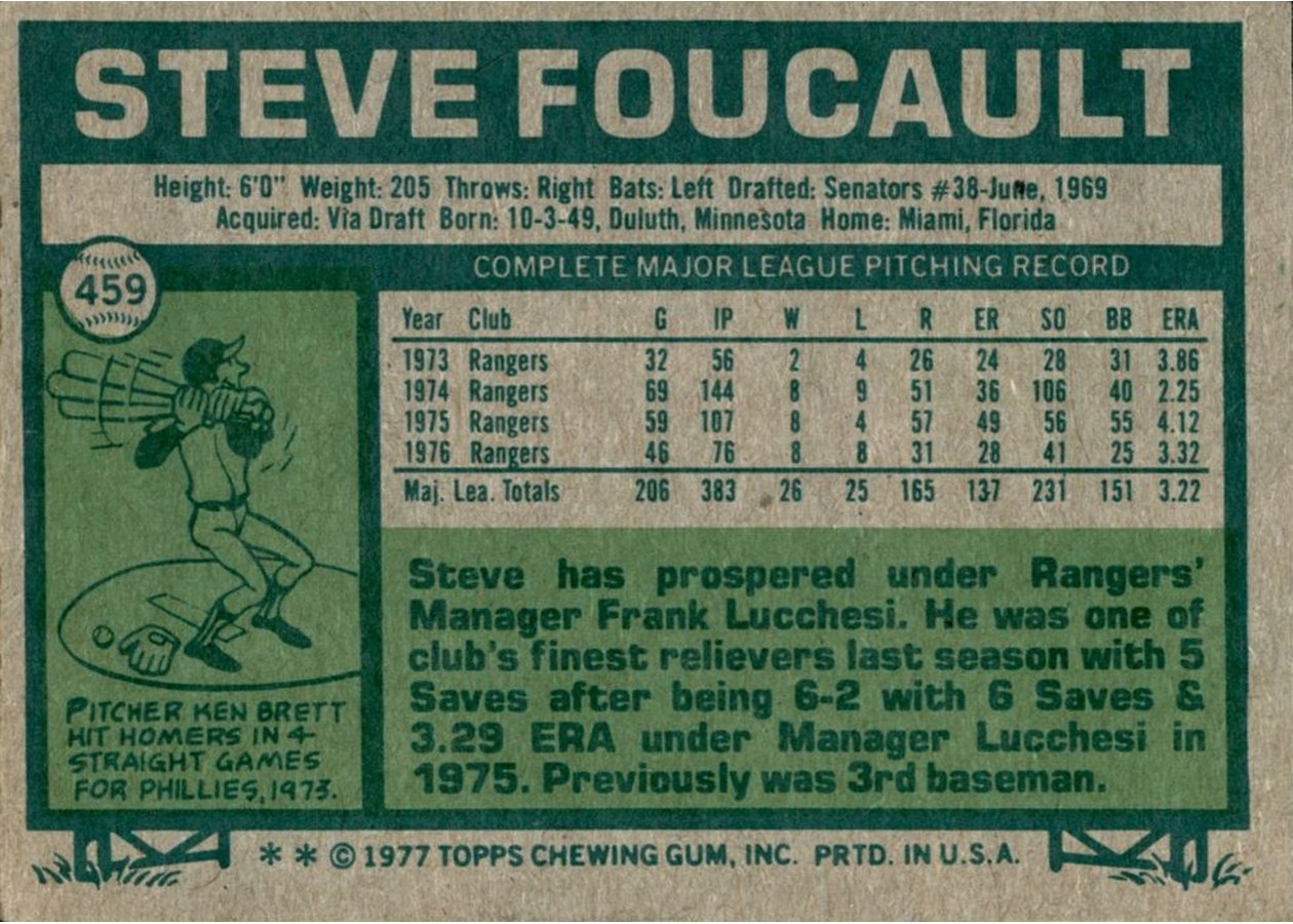 1977 Topps #459 Steve Foucault card back