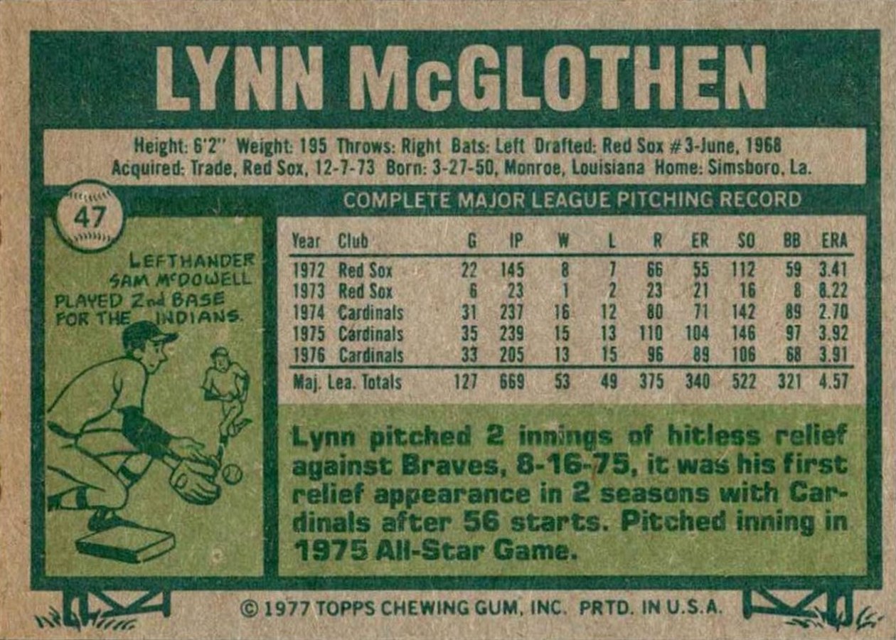 1977 Topps #47 Lynn McGlothen card back