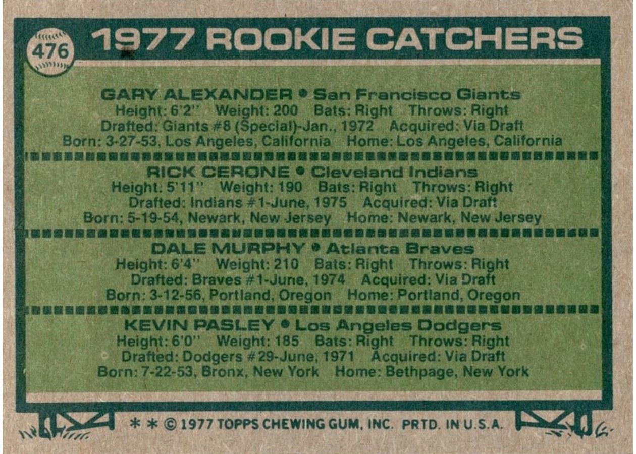 1977 Topps #476 1977 Rookie Catchers card back