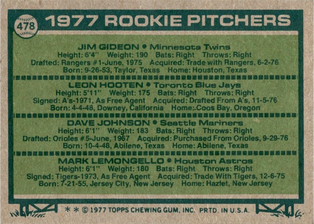 1977 Topps #478 1977 Rookie Pitchers card back