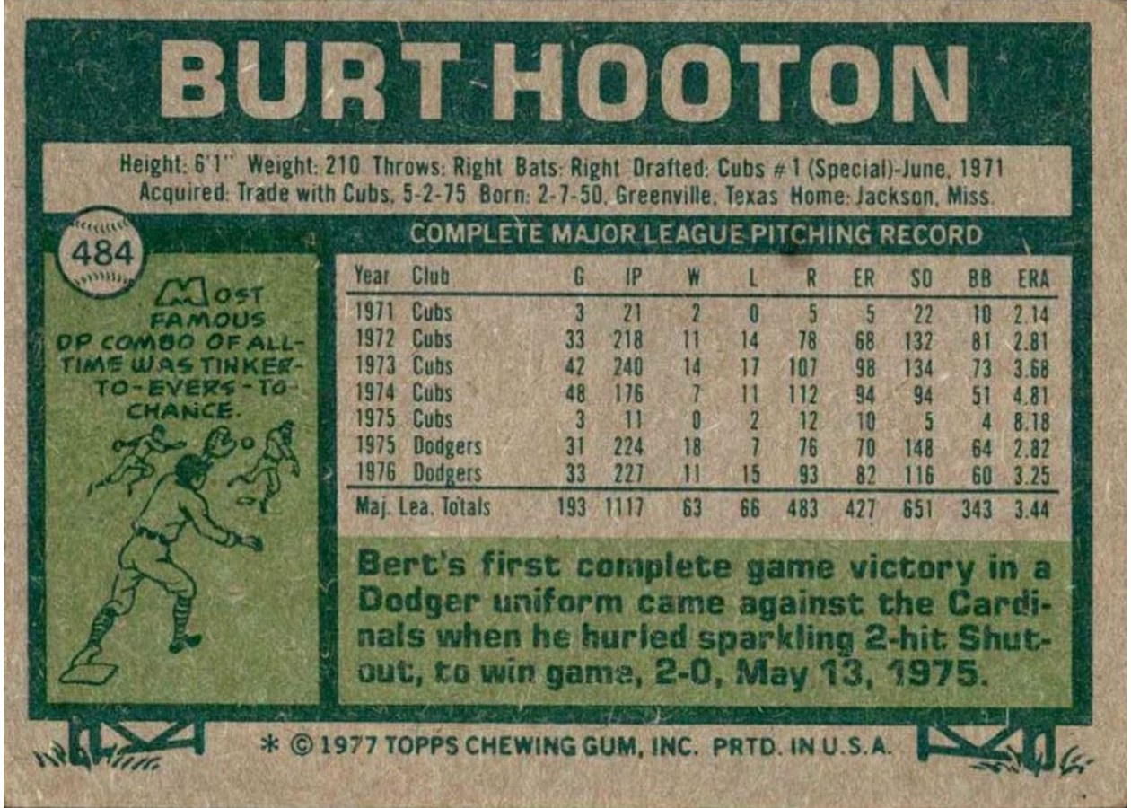 1977 Topps #484 Burt Hooton card back