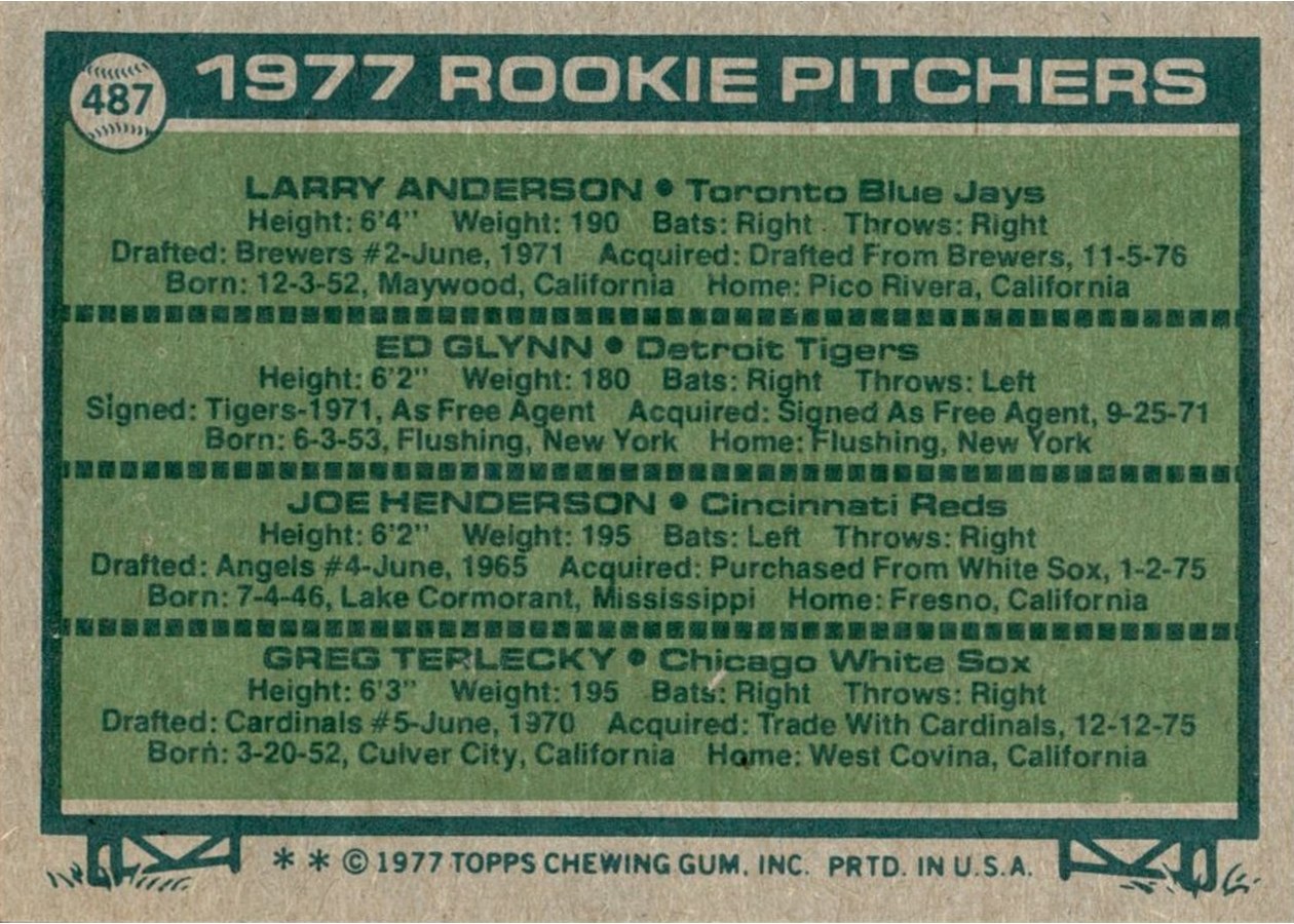 1977 Topps #487 1977 Rookie Pitchers card back