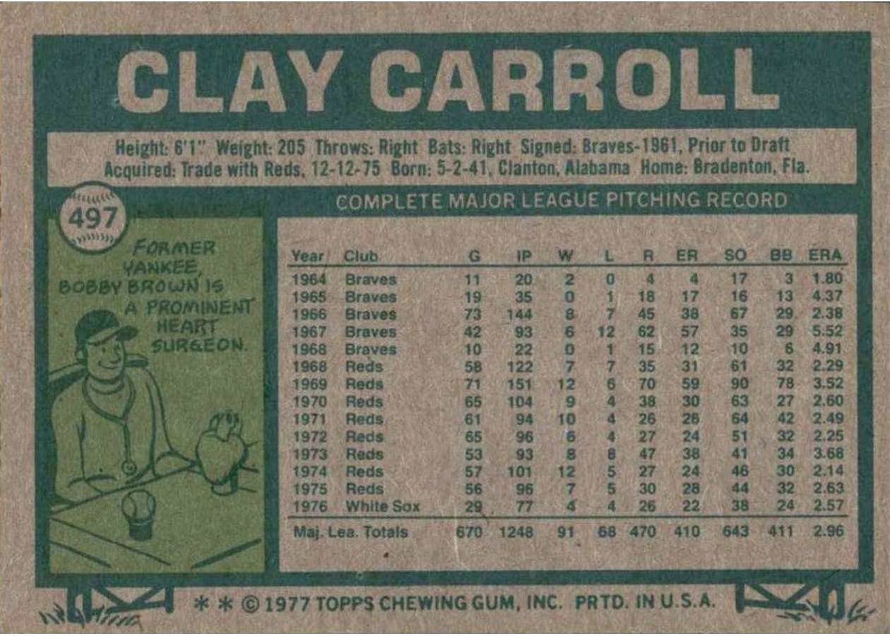 1977 Topps #497 Clay Carroll card back