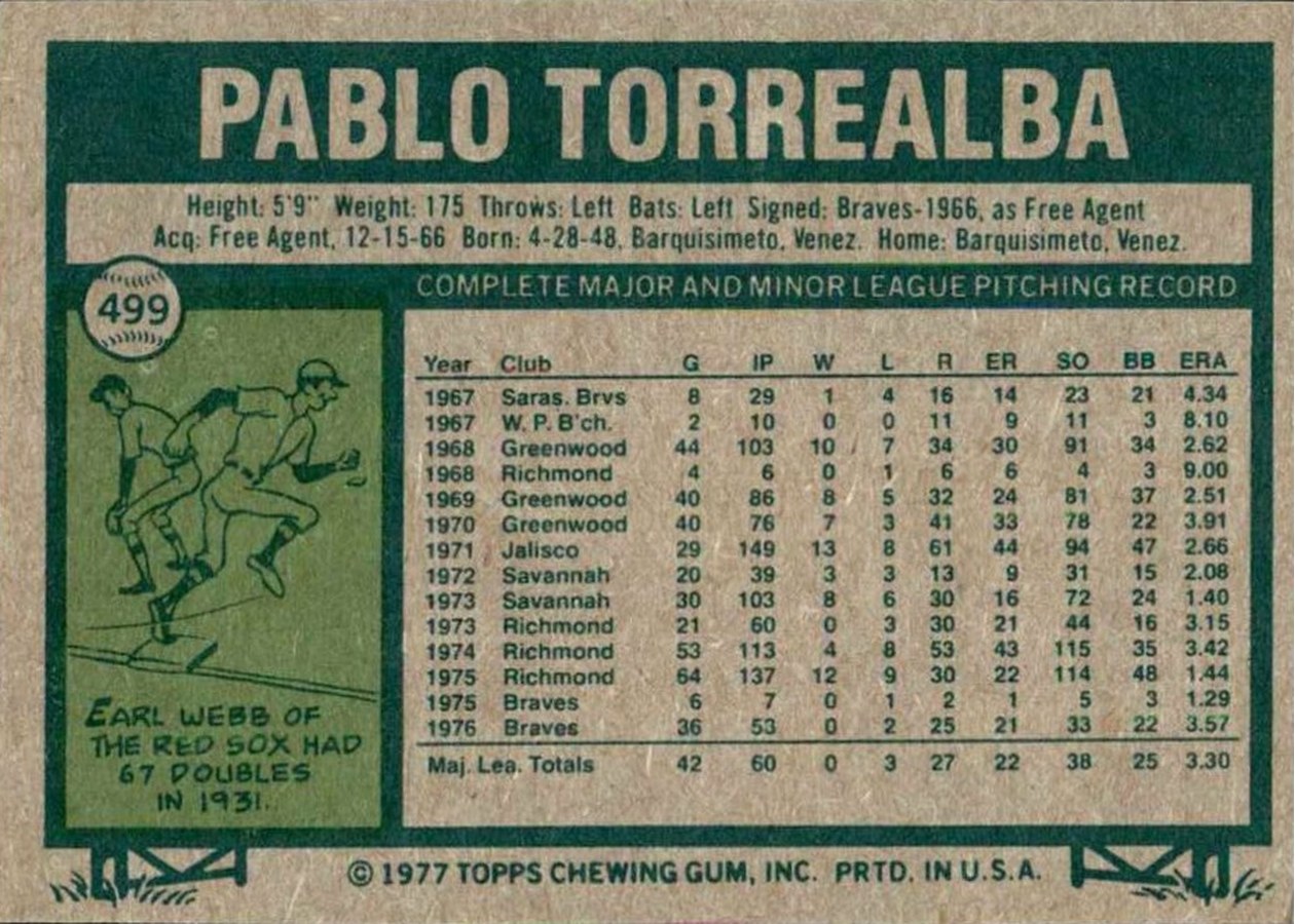 1977 Topps #499 Pablo Torrealba card back