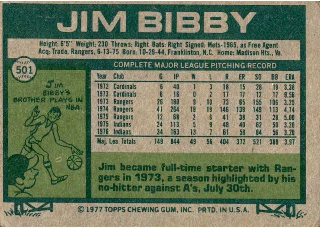 1977 Topps #501 Jim Bibby card back
