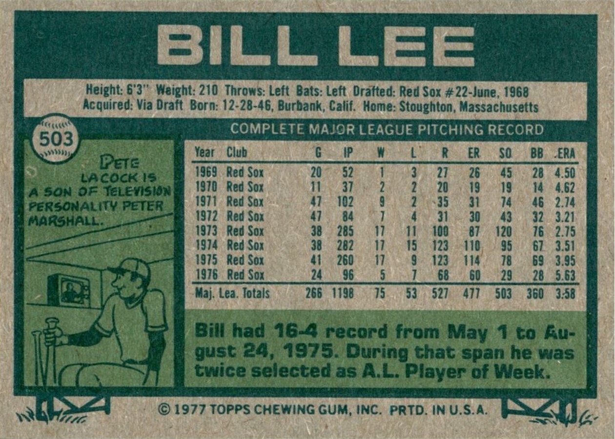 1977 Topps #503 Bill Lee card back