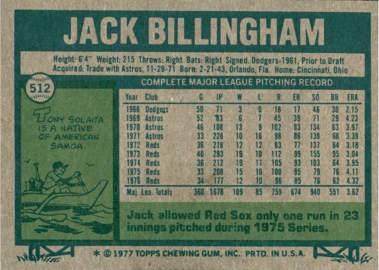 1977 Topps #512 Jack Billingham card back