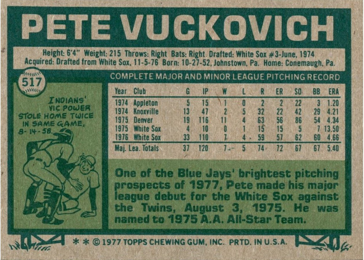 1977 Topps #517 Pete Vuckovich card back