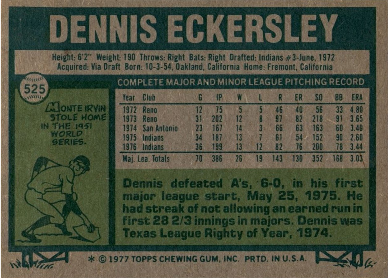 1977 Topps #525 Dennis Eckersley card back