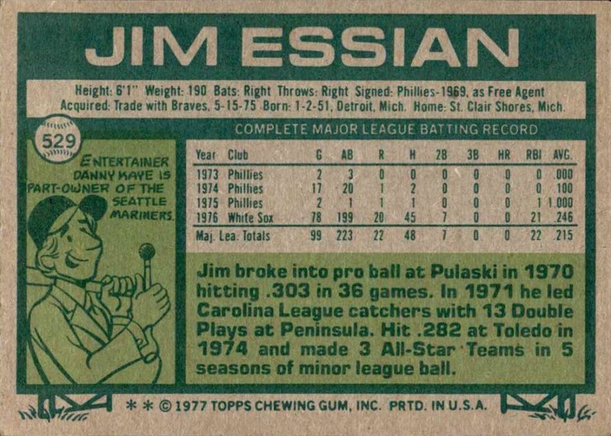 1977 Topps #529 Jim Essian card back