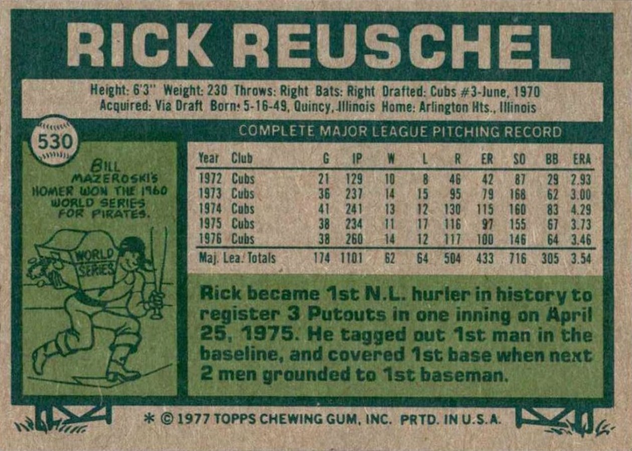 1977 Topps #530 Rick Reuschel card back