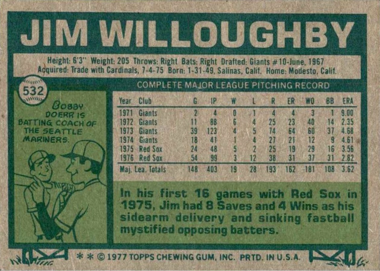 1977 Topps #532 Jim Willoughby card back