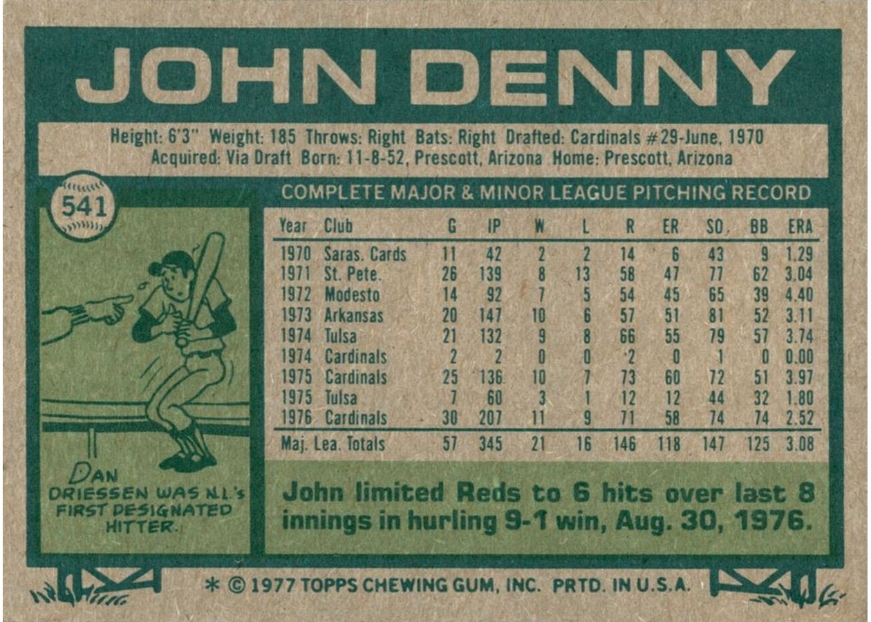1977 Topps #541 John Denny card back