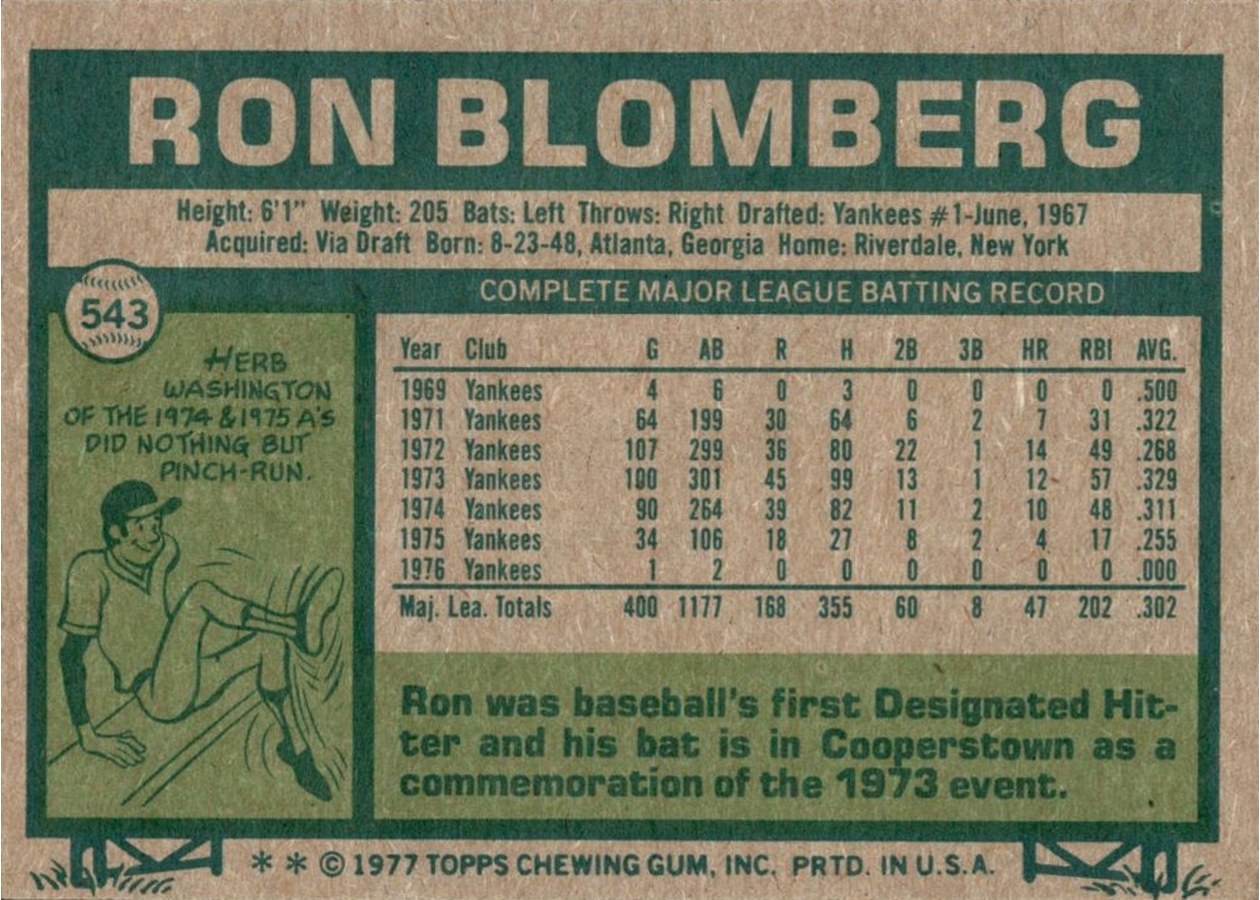 1977 Topps #543 Ron Blomberg card back